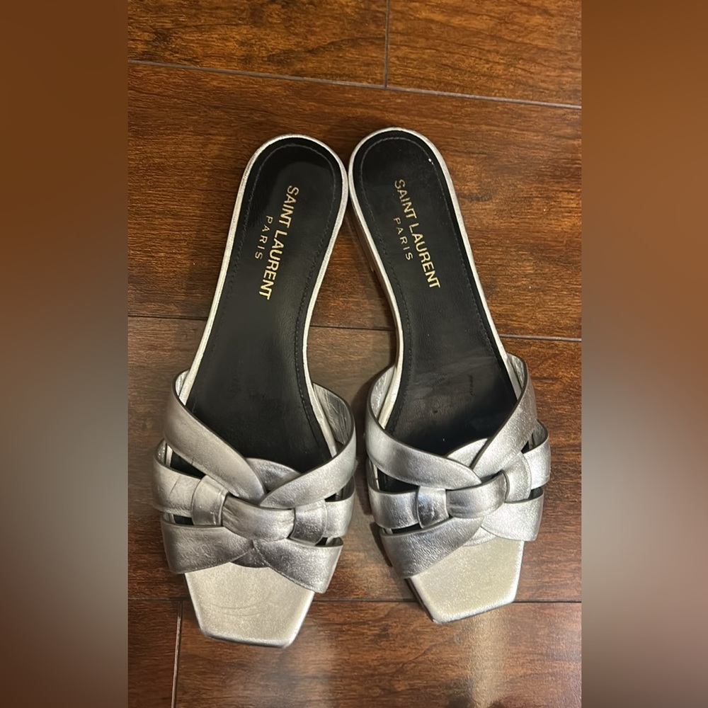 YSL Saint Laurent silver metallic tribute sandals size 35.5